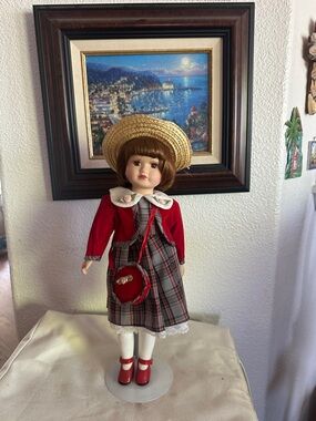 Red & Plaid Vintage-Style Porcelain Doll with Straw Hat